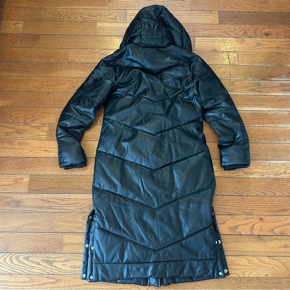 NEW Abercrombie & Fitch Ultra Hooded Vegan Leather Jacket Long Coat Black Medium - Picture 2 of 5